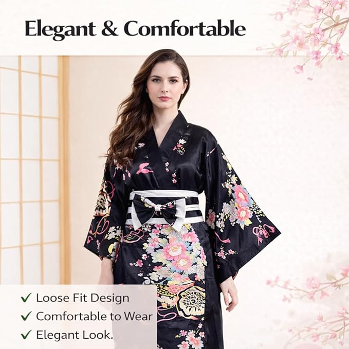 Kimonos for Women Japanese Style Satin Kimono Robe with Bow Belt Fan Hair Accessory and Tabi Socks