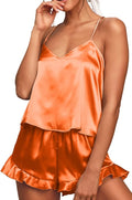 CHYRII Women's Sexy Silk Satin Ruffled Pajamas Sets Cami Shorts Sets Sleepwear