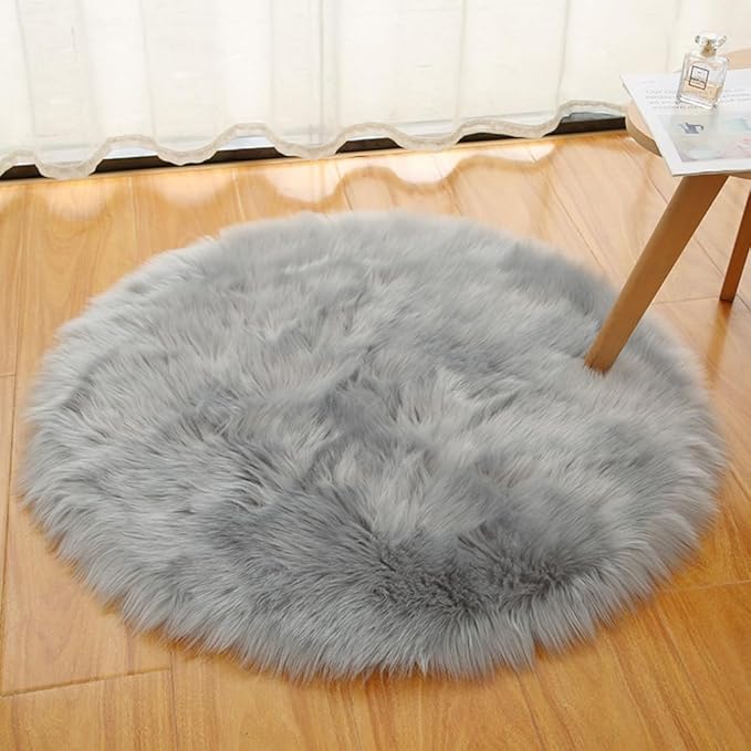Faux Fur Round Area Rug Soft Fuzzy Carpet Fluffy Plush Mat Home Floor Decoration for Bedroom Living Room Bedside Grey 70.8inch