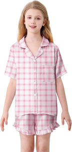 Umeyda Girls & Women Satin Pajamas Set Button Down 2 Piece Silk Pjs Shorts Set Ruffle Sleepwear, 5 Years-Women L
