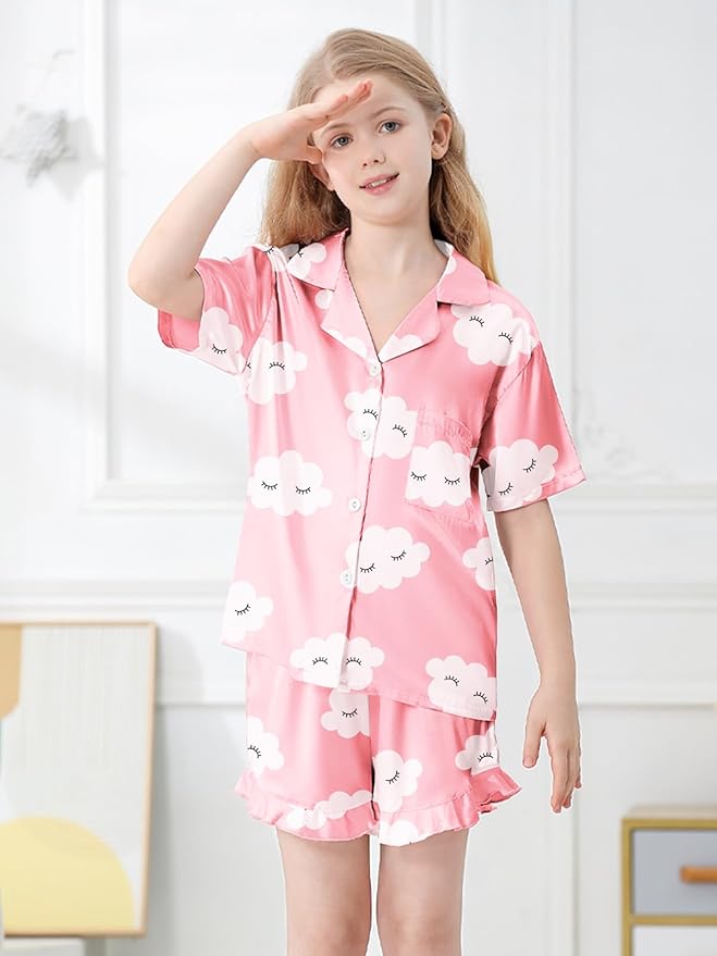 Umeyda Girls & Women Satin Pajamas Set Button Down 2 Piece Silk Pjs Shorts Set Ruffle Sleepwear, 5 Years-Women L