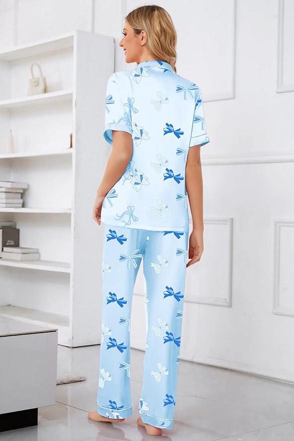 Umeyda Girls Womens Pajamas Set, Satin Silky Button Down Loungewear 2 Piece Short Sleeve Pants PJS Sets for Mommy Kids