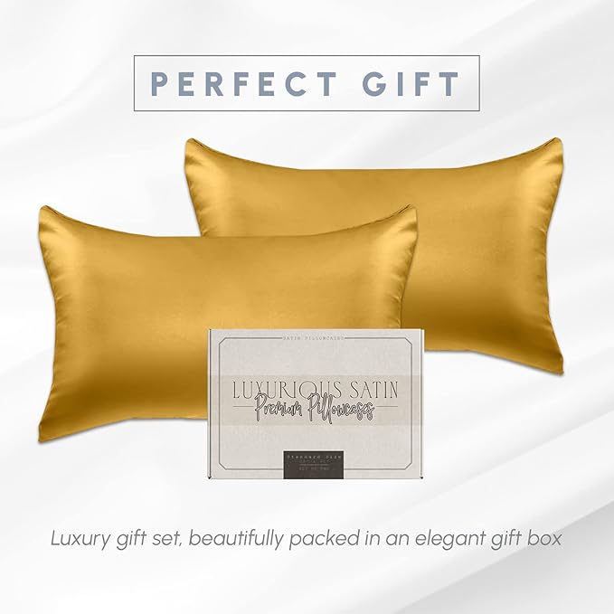 Elegant Comfort 2-Pack Cooling Viscose Satin Pillowcase Set with Hidden Zipper Closure, Silky Smooth for Best Hair and Skin Care-Beautiful Gift Box-2-Piece Satin Pillowcase Set, Standard/Queen, Gold