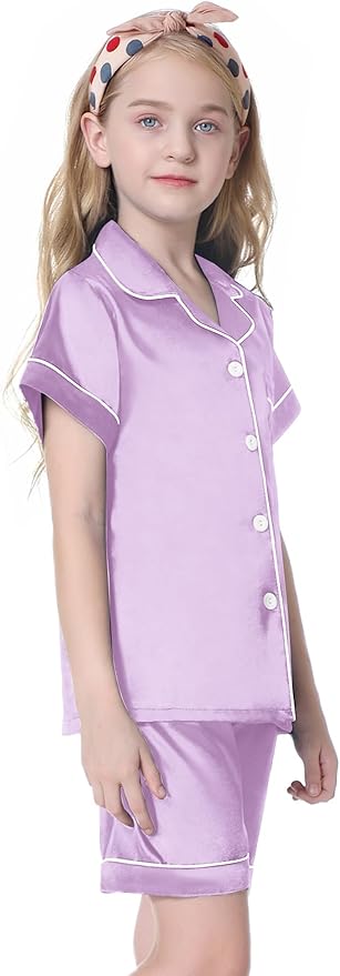 Umeyda Women & Girls Pajamas Set, Soft Satin Lightweight Silk Button-Down Top with Shorts 2 Piece PJS for Mom Boys Kids Gifts