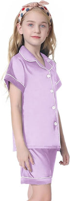 Umeyda Women & Girls Pajamas Set, Soft Satin Lightweight Silk Button-Down Top with Shorts 2 Piece PJS for Mom Boys Kids Gifts