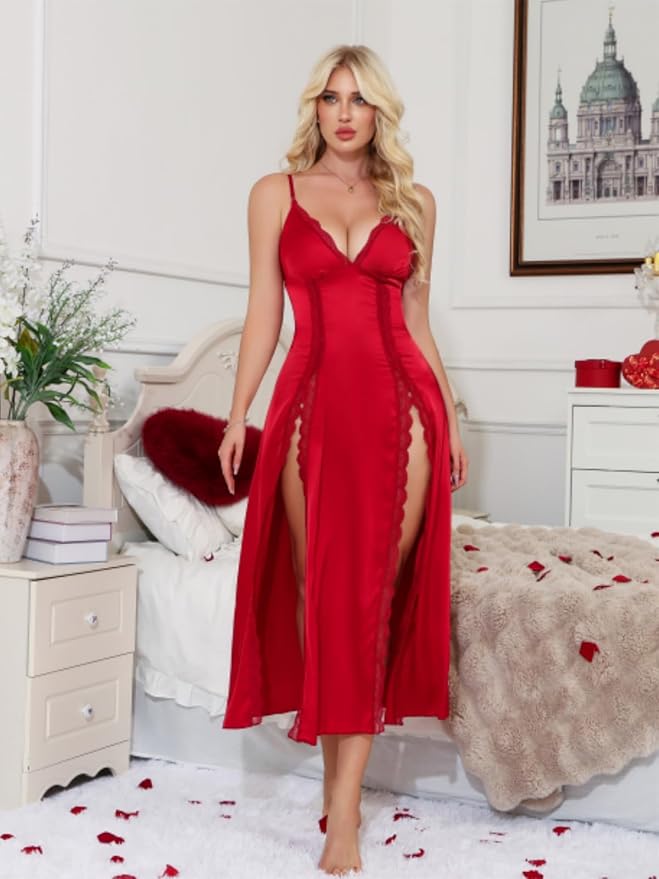 CRIPOM Lingerie Dress for Women V Neck Long Sexy Nightgowns for Women Side Split Sexy Night Gowns