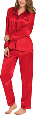 SWOMOG Womens Silk Satin Pajamas Set Long Sleeve Button Down Sleepwear 2 Piece Lounge Set Pj Set XS-3XL