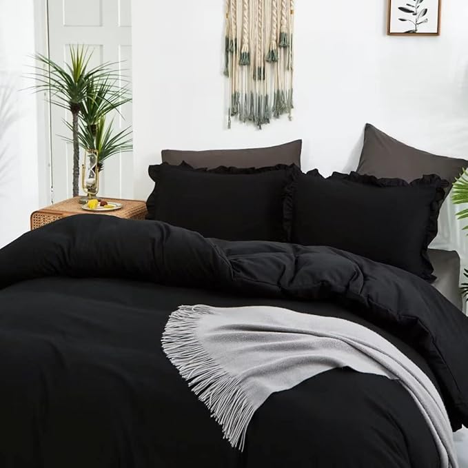 CLOTHKNOW Black Queen Comforter Set 3Pcs Ruffle Bedding Comforter Sets Shabby Chic Comforter Queen with 2 x Pillow Cases Farmhouse Bedding