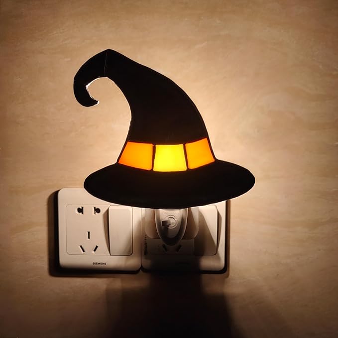 CHEZBABY Stained Glass Night Light Plug into Wall Lamp Decorative Accent Nightlight for Hallway Bedroom Bathroom Kitchen Home Halloween Décor(Witch Hat Yellow)