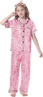 Umeyda Girls Womens Pajamas Set, Satin Silky Button Down Loungewear 2 Piece Short Sleeve Pants PJS Sets for Mommy Kids