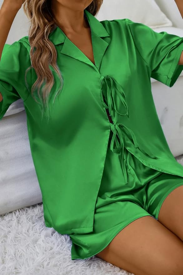 CHYRII Women's Silk Satin Pajamas Sets Tie Front Short Sleeve Tops and Shorts Two Piece Pj Sets Sleepwear