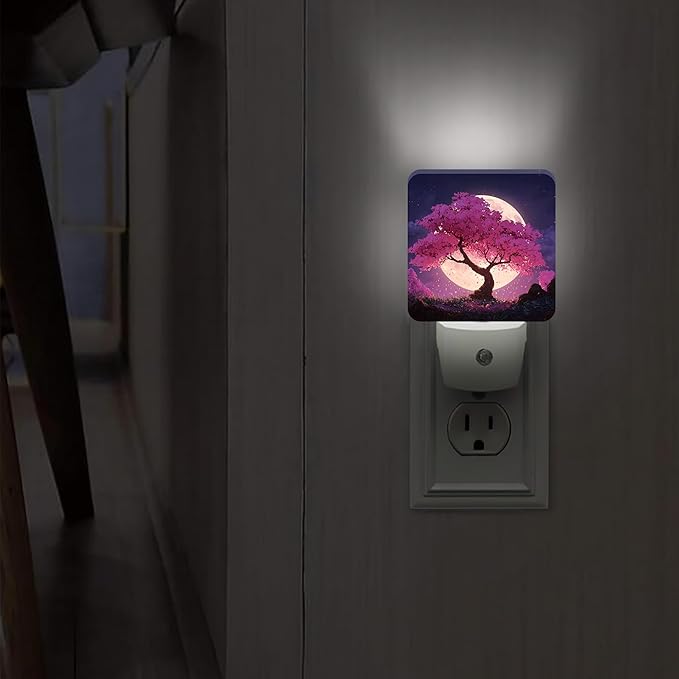 Cherries Blossom Night Lights Plug Into Wall, Nature Dreamy Moon Night Sky Spring Peach Dusk to Dawn Led Plug in Lights for Living Room Entryway Kitchen Decor 1pcs