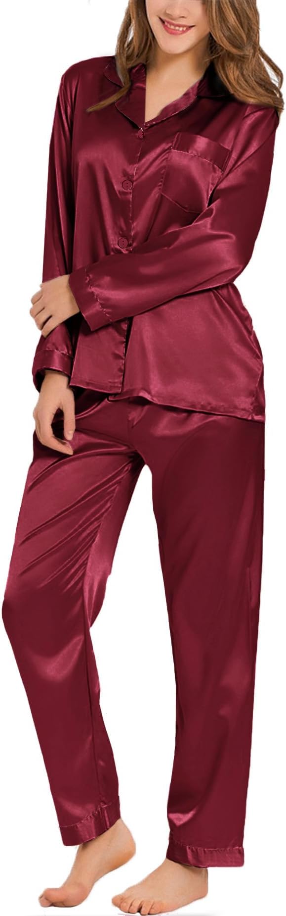 SWOMOG Long Sleeve Pajamas Set Silk Satin Sleepwear Button Down Pjs Loungewear with Pocket