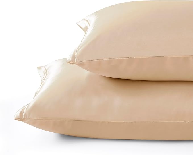 Champagne Satin Pillowcases with Zipper （20x26）,Standard Size Pillowcases Set of 2, Champagne Silk Pillowcase for Hair and Skin