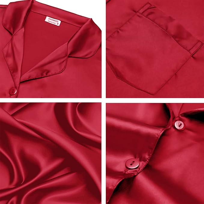 SWOMOG Long Sleeve Pajamas Set Silk Satin Sleepwear Button Down Pjs Loungewear with Pocket