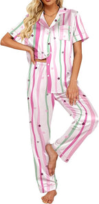 Ekouaer Silk Satin Pajamas Set Women Short Sleeve Sleepwear Soft Button Down Loungewear Pjs Set