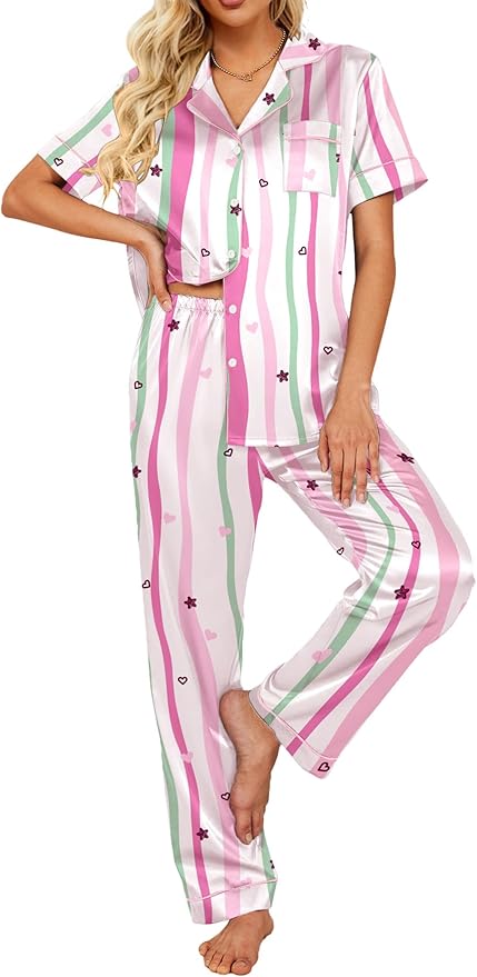 Ekouaer Silk Satin Pajamas Set Women Short Sleeve Sleepwear Soft Button Down Loungewear Pjs Set