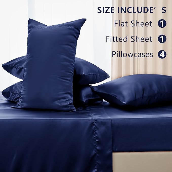 CozyLux Satin Sheets Queen Size Bed Set - 6 Piece Silky Queen Sheet Set, Luxury Navy Blue Queen Sheets with Smooth and Soft Microfiber, Includes 1 Fitted Sheet, 1 Flat Sheet and 4 Pillowcases