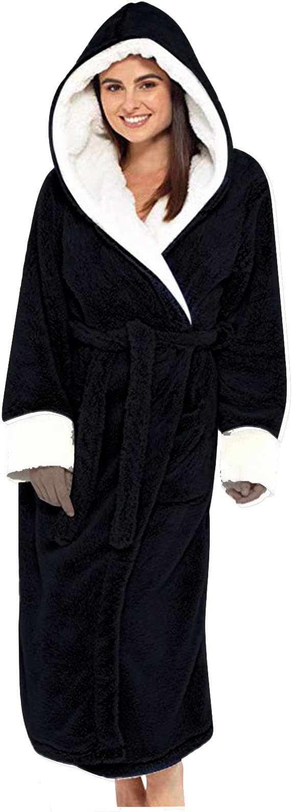 Fuzzy Plush Bathrobe Women Fashion Hooded Thicken Fleece Lined Warm Comfy Long Robe Flannel Loungewear