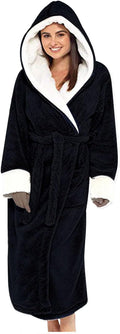 Fuzzy Plush Bathrobe Women Fashion Hooded Thicken Fleece Lined Warm Comfy Long Robe Flannel Loungewear