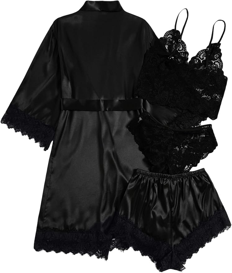 WDIRARA Women' Silk Satin Pajamas Set 4pcs Lingerie Floral Lace Cami Sleepwear with Robe