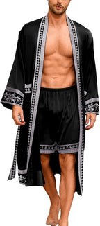 ChiaoLezhee Men's Luxury Silky Robe & Shorts Set, 2PC Lightweight Satin Pajamas with Pockets, Opulent Baroque Kimono Gifts