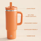 40 oz Tumbler with Handle and Straw: Stainless Steel Insulated Tumbler Keeps Cold for 24 Hours, Leakproof Travel Cup Fits in Cup Holder and BPA-Free,Moderate Orange