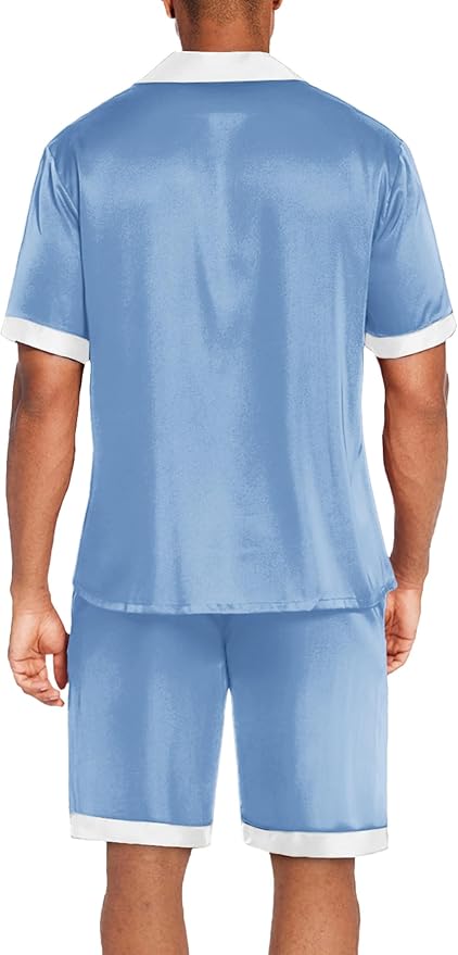 Ekouaer Men Satin Silk Pajamas Set with Pockets Sleepwear Shorts Satin Summer Loungewear 2 Piece Button Down Set S-3XL