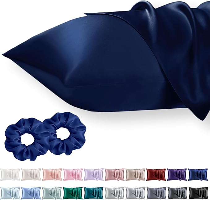 Vielit King Satin Pillowcase for Hair 2pc,Similar to Silk Pillow Cases,Easier Care Than Silk Pillowcase Gifts for Women Men,Navy,20x36 & Envelope Closure and 2 Satin Scrunchies