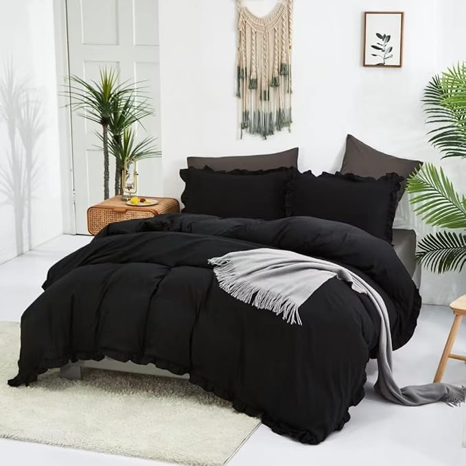 CLOTHKNOW Black Queen Comforter Set 3Pcs Ruffle Bedding Comforter Sets Shabby Chic Comforter Queen with 2 x Pillow Cases Farmhouse Bedding