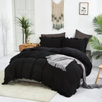 CLOTHKNOW Black Ruffle Comforter Set King Size Bedding Comforter Sets Soft Shabby Chic Farmhouse Comforter with 2 x Pillowcases