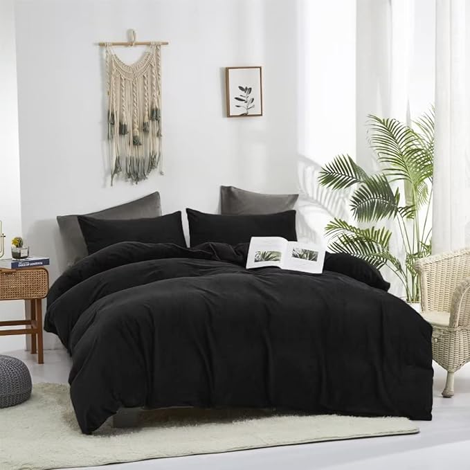 CLOTHKNOW Black King Size Comforter Set Velvet Bedding Comforter Sets Soft Comforter Cozy Black Comforter with 2 x Pillowcases