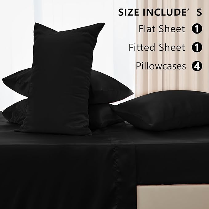 CozyLux Satin Sheets Queen Size Bed Set - 6 Piece Silky Queen Sheet Set, Luxury Black Queen Sheets with Smooth and Soft Microfiber, Includes 1 Fitted Sheet, 1 Flat Sheet and 4 Pillowcases