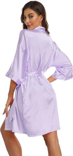 Women's Pure Short Kimono Robes Bride Bridesmaids Silky Bathrobe Lightweight Satin Sleepwear