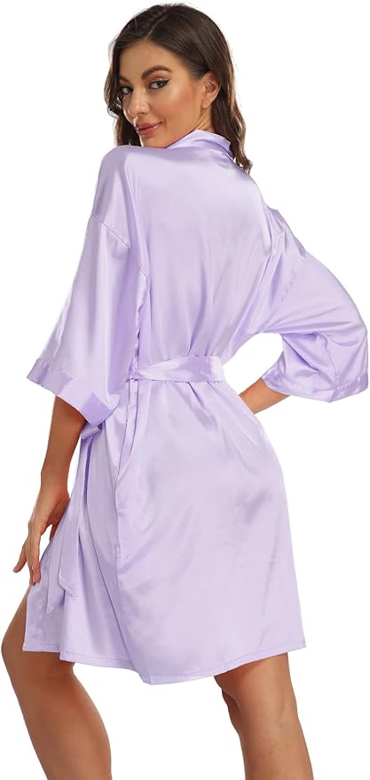 Women's Pure Short Kimono Robes Bride Bridesmaids Silky Bathrobe Lightweight Satin Sleepwear