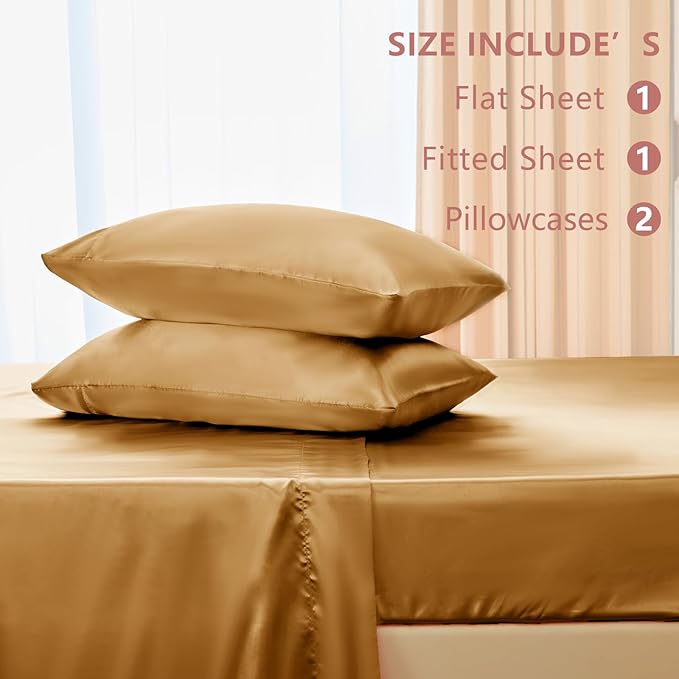 CozyLux Satin Sheets Full Size Sheets - 4 Piece Silky Full Size Bed Sheets, Luxury Gold Full Bed Set with Smooth and Soft Microfiber, Includes 1 Fitted Sheet, 1 Flat Sheet and 2 Pillowcases