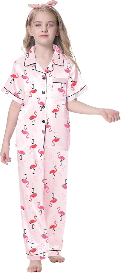 Umeyda Girls Womens Pajamas Set, Satin Silky Button Down Loungewear 2 Piece Short Sleeve Pants PJS Sets for Mommy Kids