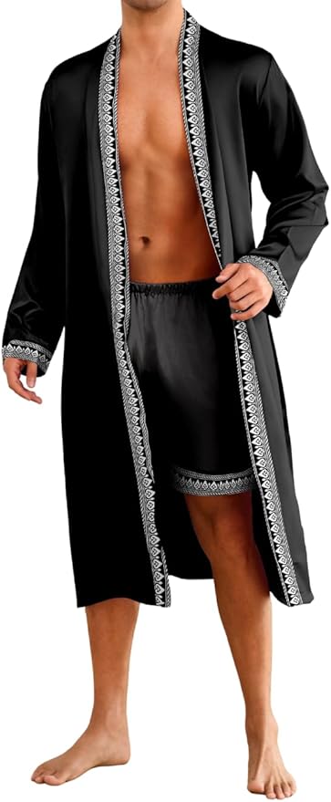 ChiaoLezhee Mens Satin Bath Robe with Shorts Set, Silk Paisley Kimono Lightweight, Soft Long Sleeve Sleepwear