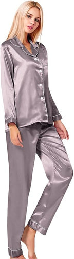 SWOMOG Womens Silk Satin Pajamas Set Long Sleeve Button Down Sleepwear 2 Piece Lounge Set Pj Set XS-3XL