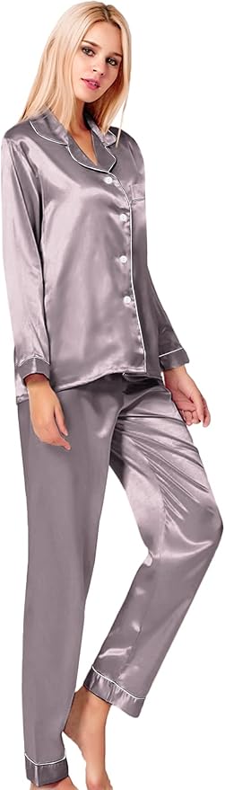 SWOMOG Womens Silk Satin Pajamas Set Long Sleeve Button Down Sleepwear 2 Piece Lounge Set Pj Set XS-3XL