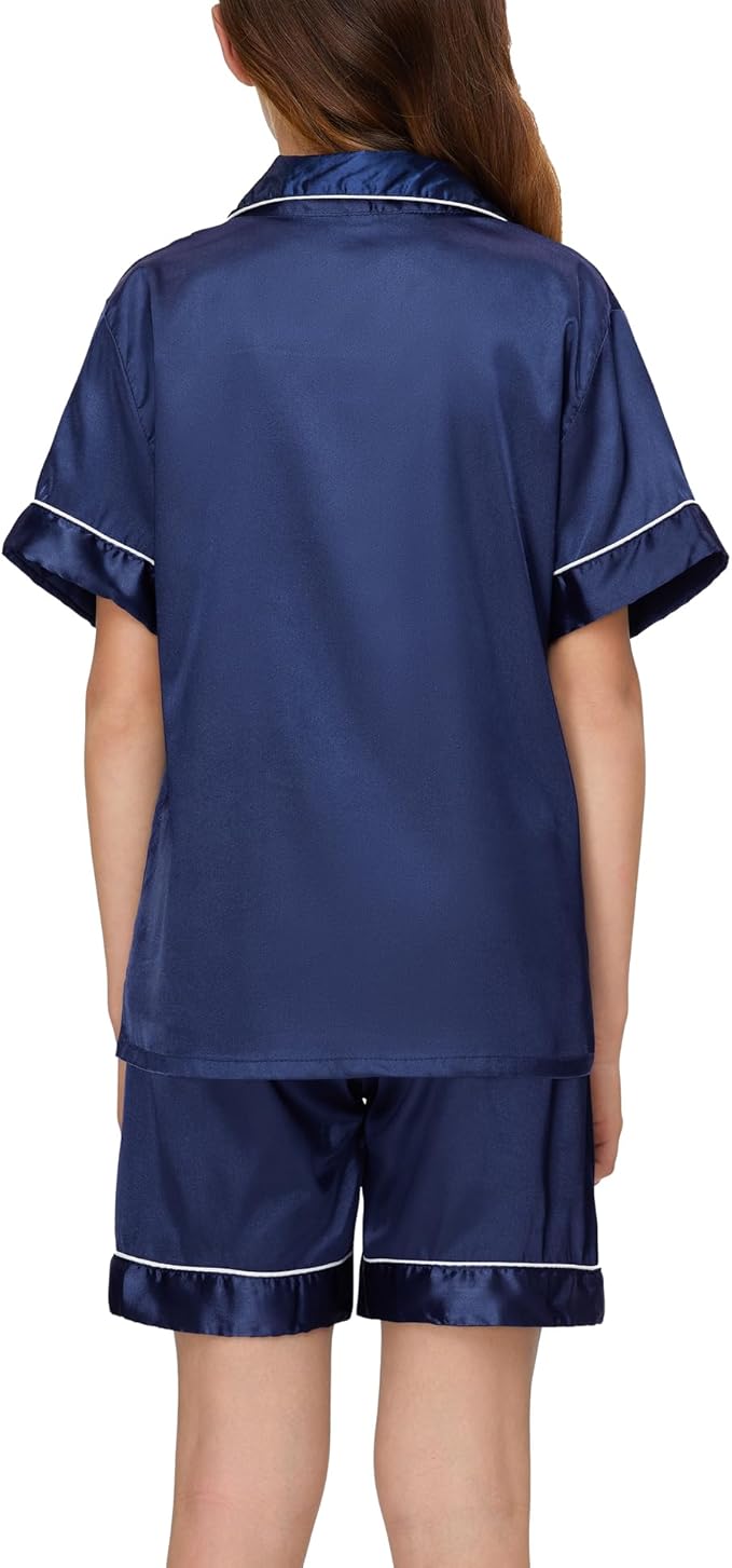 EPLAZA Kids Satin Pajamas Sets Girls Boys Button-Down Silky Pajamas Sleepwear with Hairband Eye Mask Hair Tie