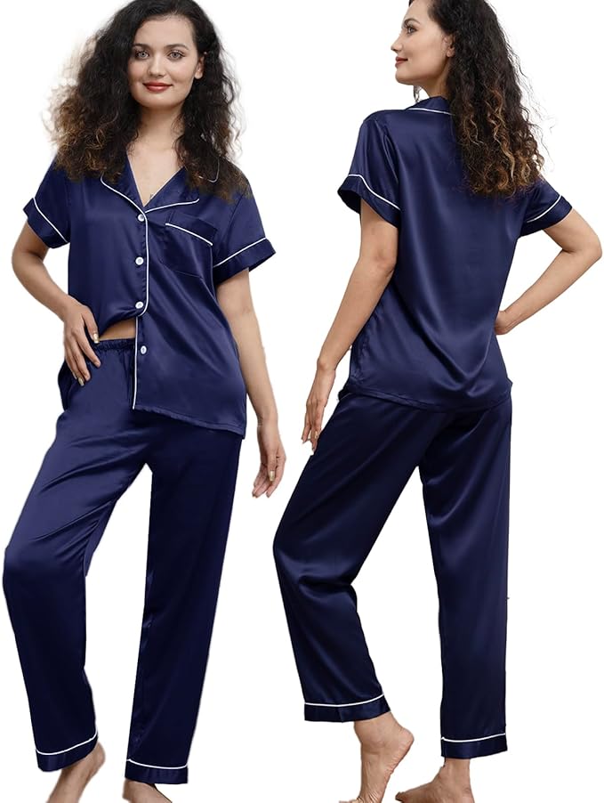 WJing Yi Jia Womens Pajamas Set XS-4XL Floral Silk Satin Pajama Sets Silky Pj Sets 2Pcs Loungewear Sleepwear Button Down Pjs