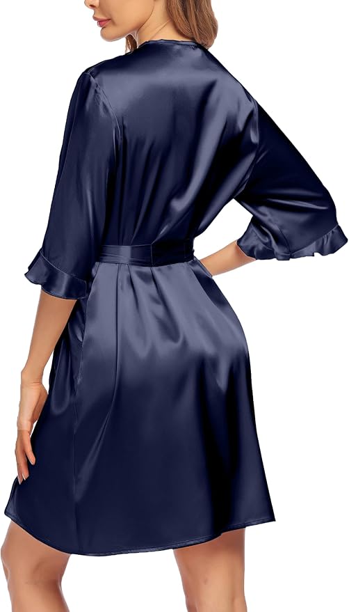 Ekouaer Women's Satin Robe Valentines Lingerie for Women Kimono Bathrobe Short Ruffle Belted Robes Bridesmaids Sleepwear