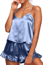 CHYRII Women's Sexy Silk Satin Ruffled Pajamas Sets Cami Shorts Sets Sleepwear