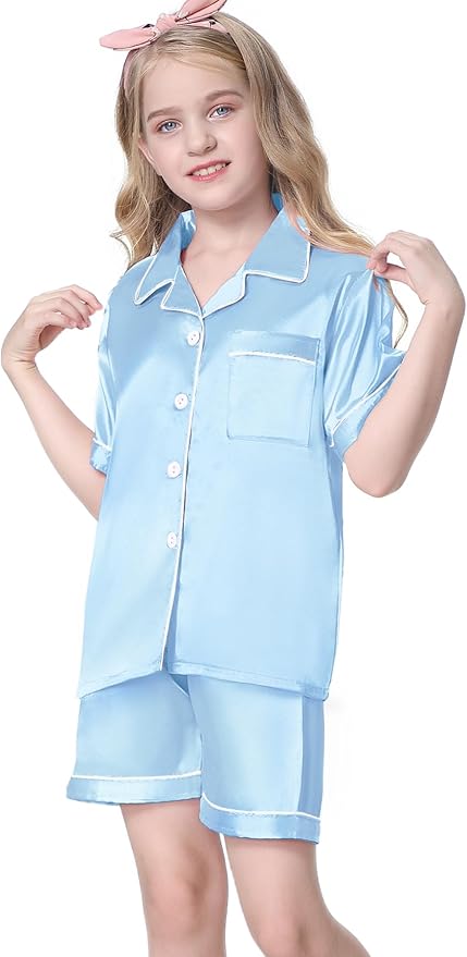 Umeyda Women & Girls Pajamas Set, Soft Satin Lightweight Silk Button-Down Top with Shorts 2 Piece PJS for Mom Boys Kids Gifts