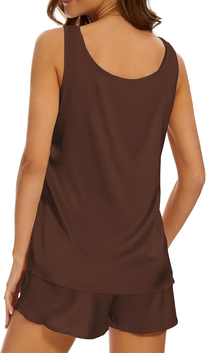 MOYEE Women Silk Pajama Set Soft Satin V Neck Tank Top and Shorts 2 Piece lounge Sets with Pockets