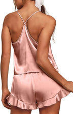 CHYRII Women's Sexy Silk Satin Ruffled Pajamas Sets Cami Shorts Sets Sleepwear