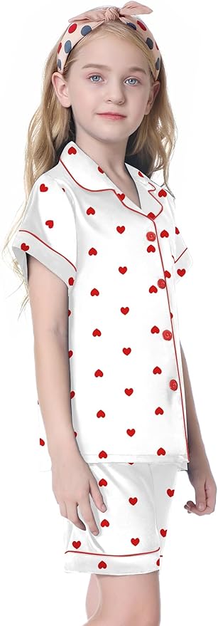 Umeyda Women & Girls Pajamas Set, Soft Satin Lightweight Silk Button-Down Top with Shorts 2 Piece PJS for Mom Boys Kids Gifts