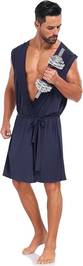 VintageClothing Men's Summer Robe with Hooded Lightweight Bathrobe House Kimono Sleeveless Sexy Sleepwear Pajamas