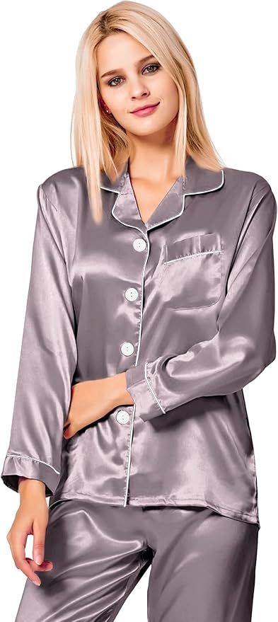 SWOMOG Womens Silk Satin Pajamas Set Long Sleeve Button Down Sleepwear 2 Piece Lounge Set Pj Set XS-3XL